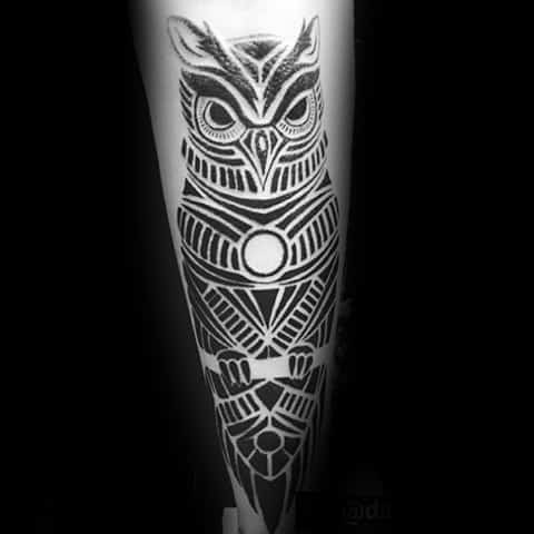Guy With Creative Tribal Owl Leg Black Ink Tattoo Design