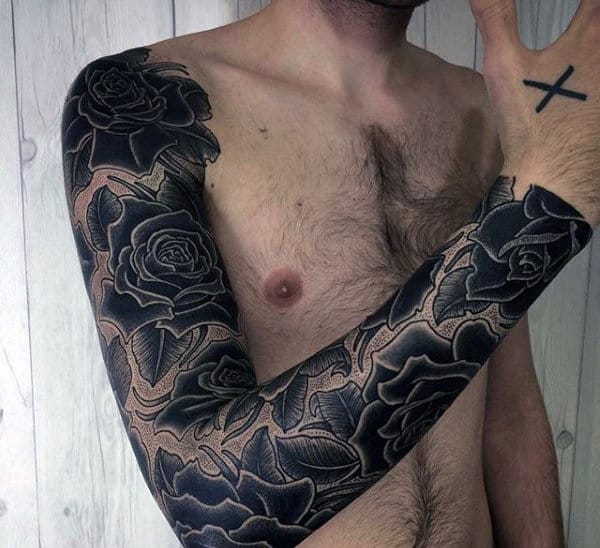 Guy With Dark Black Roses Dotwork Tattoo On Sleeves