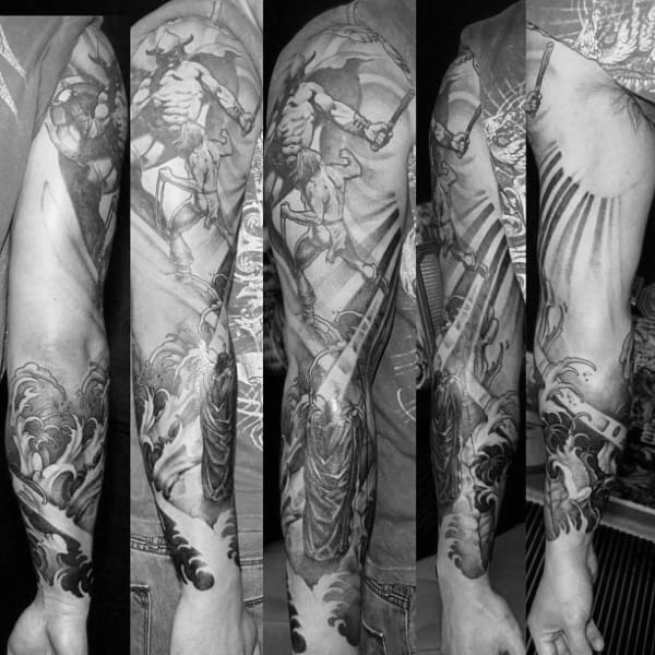 Guy With David And Goliath Full Sleeve Tattoo