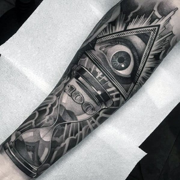 Guy With Different Hourglass And Eye Inner Forearm Sleeve Tattoo