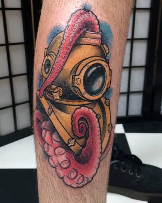 Guy With Diving Helmet Tattoo With Octopus Tentacles Design On Side Of Leg