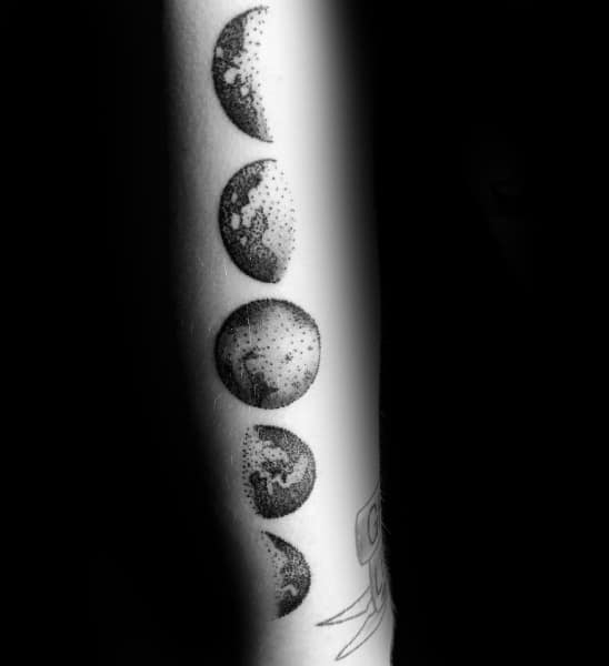Guy With Dotwork Moon Phase Tattoo On Outer Forearms