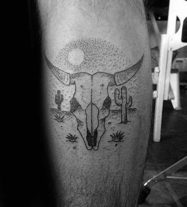 Guy With Dotwork Sun In Desert And Bull Skull Leg Calf Tattoo