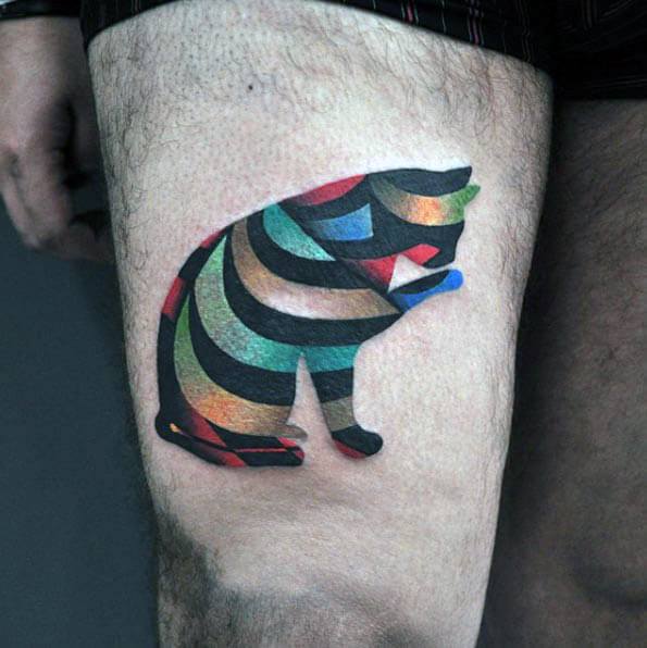 Tattoo of a cat silhouette filled with vibrant, abstract striped patterns in bold colors, blending minimalism and modern art.
