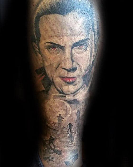 Guy With Dracula Cemetary Leg Sleeve Tattoo