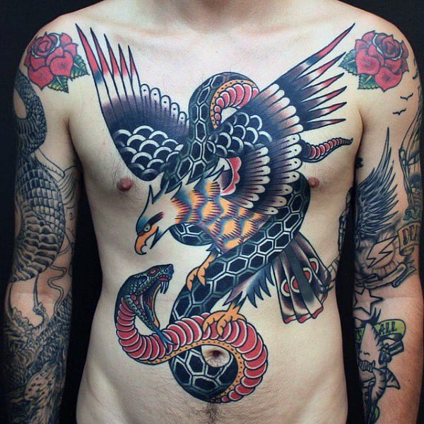 Guy With Eagle And Snake Traditional Chest Tattoo