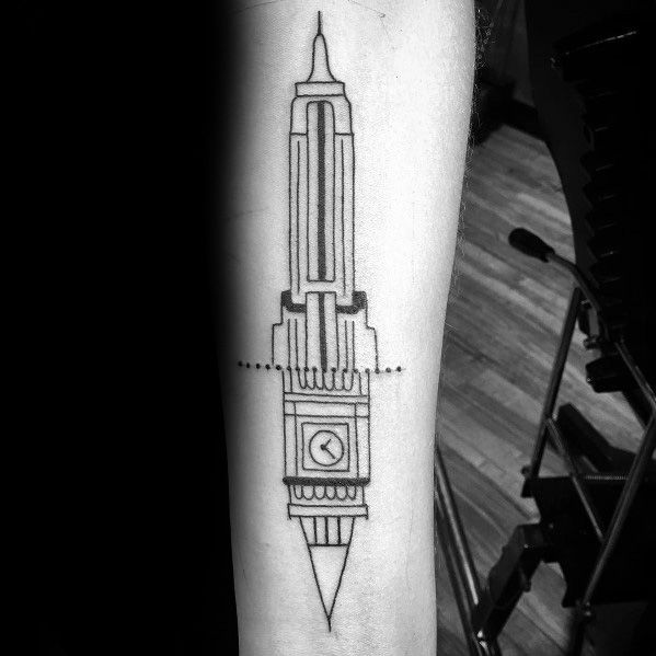 Minimalist tattoo merging the Empire State Building with London's Big Ben, outlined in clean black lines on a man's forearm.