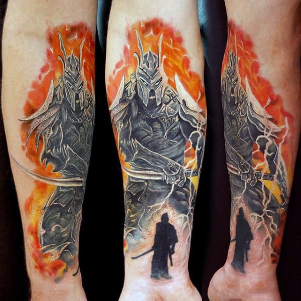 Guy With Enraged Warrior Engulfed In Orange Flames Tattoo Forearms