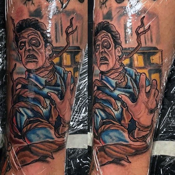 Colorful Evil Dead tattoo of a terrified Ash being grabbed by tree branches in front of the glowing cabin, drawn in bold comic style
