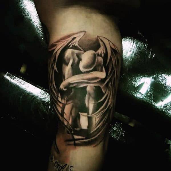 Guy With Fallen Guardian Angel Tattoo On Arms