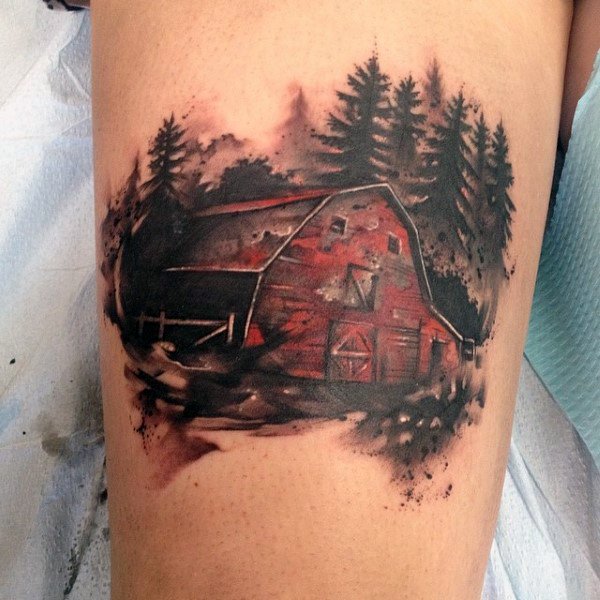 Color tattoo of a weathered red barn surrounded by pine trees, with a watercolor-style background and soft shading.