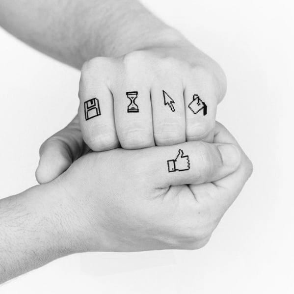 Minimalist tattoo icons on knuckles, featuring a floppy disk, hourglass, cursor, file, and thumbs-up symbol, inspired by old-school UI.