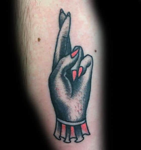Guy With Fingers Crossed Tattoo Design On Leg
