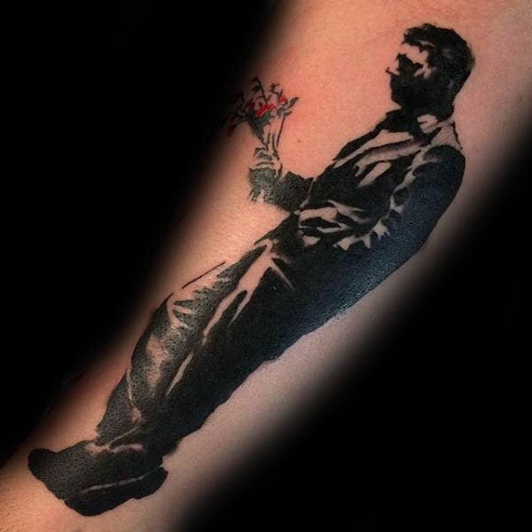Guy With Flowers Male Banksy Forearm Tattoo
