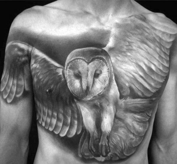 Guy With Flying Realistic Barn Owl Shaded Black And Grey Ink Chest Tattoo