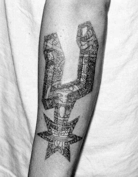 San Antonio Spurs logo tattoo filled with intricate Aztec-style patterns and symbols, blending sports pride with cultural artistry.