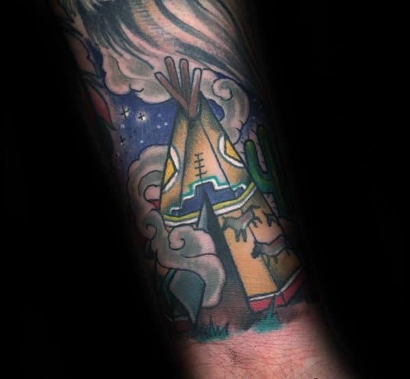 Guy With Forearm Sleeve Teepee Tattoo Design