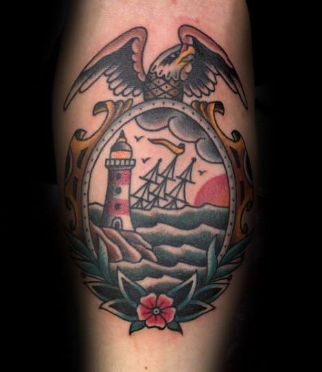 Guy With Frame With Bald Eagle And Sinking Ship Inner Forearm Tattoo Design
