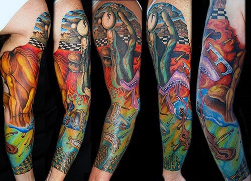 Bold full sleeve tattoo inspired by Salvador Dali’s surreal art, featuring melting clocks, distorted landscapes, and vivid, dreamlike colors.