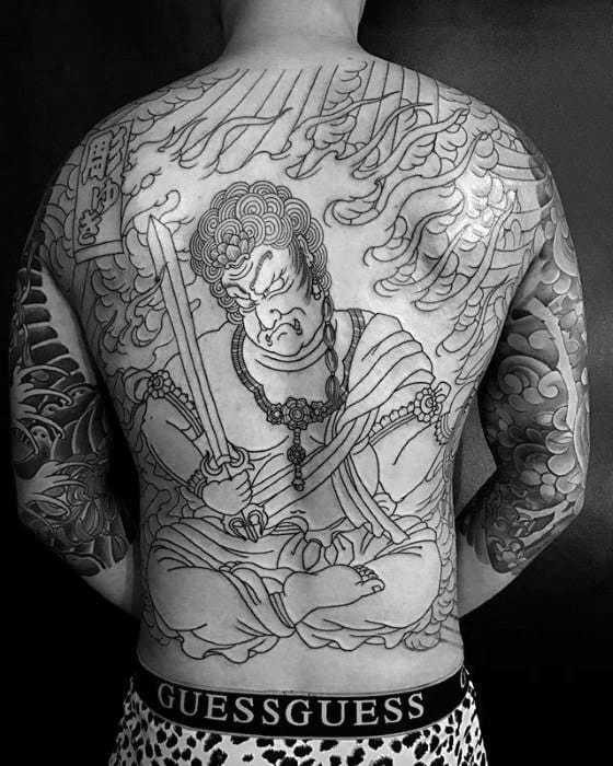 Guy With Full Back Black Ink Fudo Myoo Tattoo Design