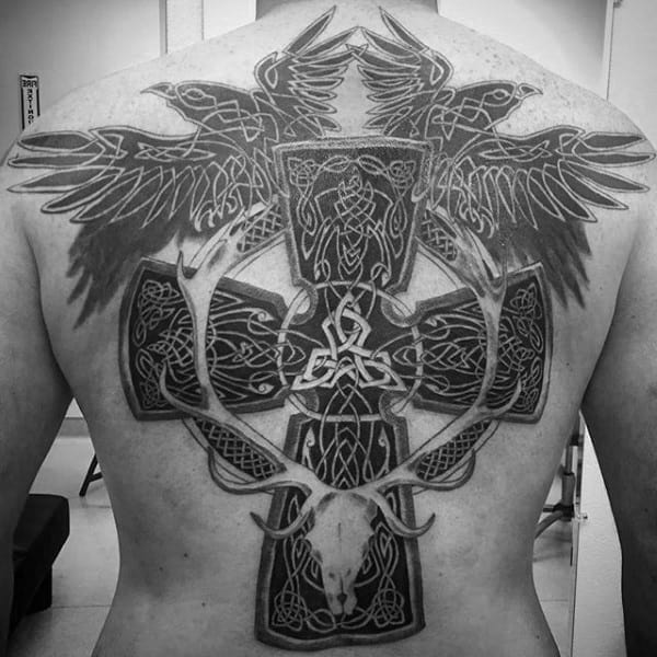 Guy With Full Back Celtic Cross Tattoo And Flying Birds