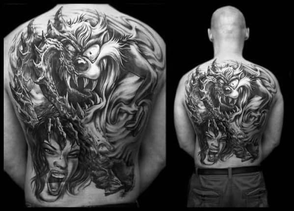 Guy With Full Back Tasmanian Devil Tattoo Design