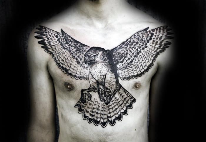 Guy With Full Chest Hawk Outline Tattoo