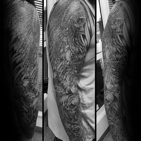 Guy With Full Indian Skull Sleeve Tattoo