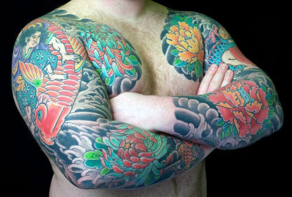 Guy With Full Sleeve Peony Flower Japanese Tattoos