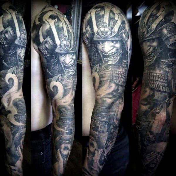 Guy With Full Sleeve Samurai Helmet Shaded Tattoo Design