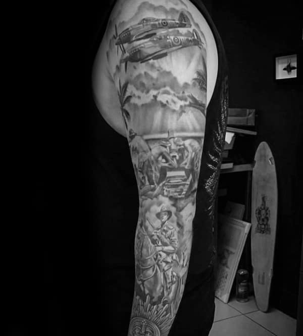 Guy With Full Sleeve Shaded Ww2 Themed Tattoo Design