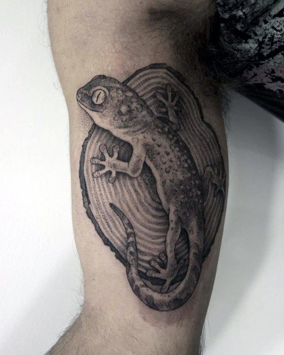 Detailed gecko tattoo on inner arm with wood grain-style background, soft shading, and a lifelike lizard in a natural pose.