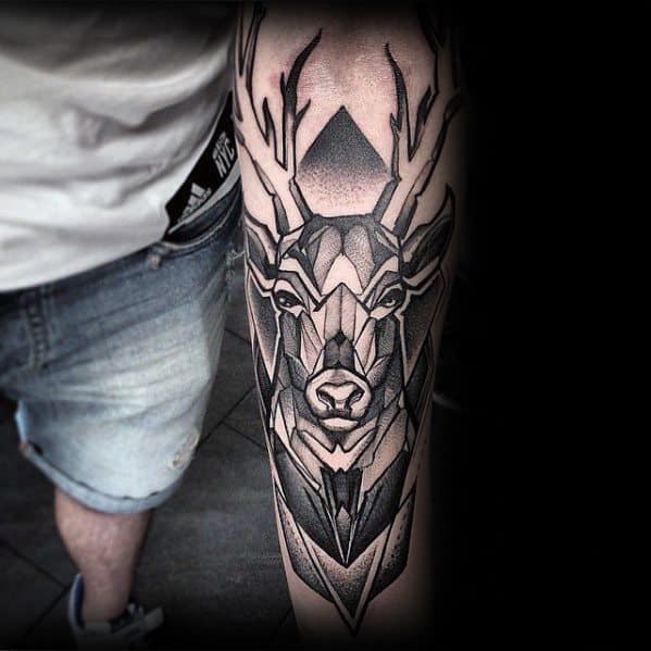 Guy With Geometric Deer Inner Forearm Tattoo Design
