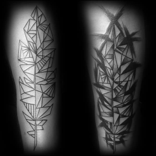 Guy With Geometric Feather Tattoo Design On Arm
