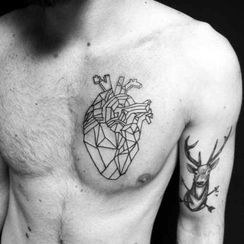 Guy With Geometric Heart Upper Chest Tattoo Design