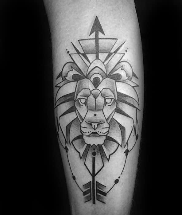 Guy With Geometric Leg Lion Tattoo Design