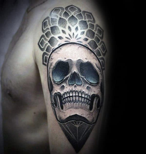 Guy With Geometric Skull 3d Tattoo Design On Arm
