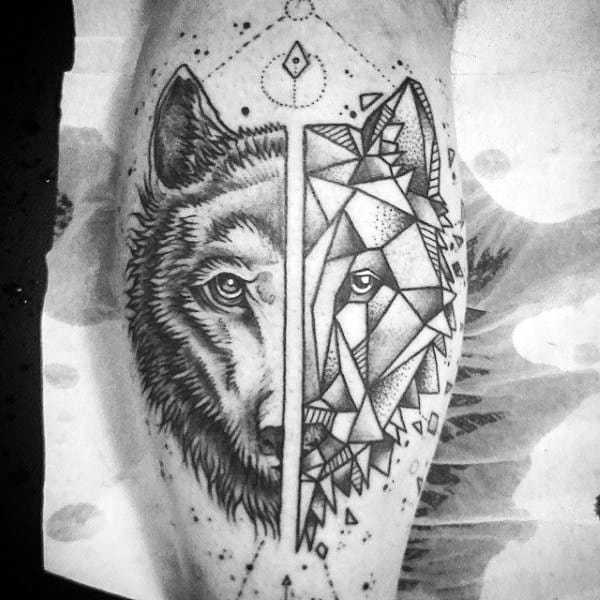 Guy With Geometric Wolf Leg Calf Tattoo