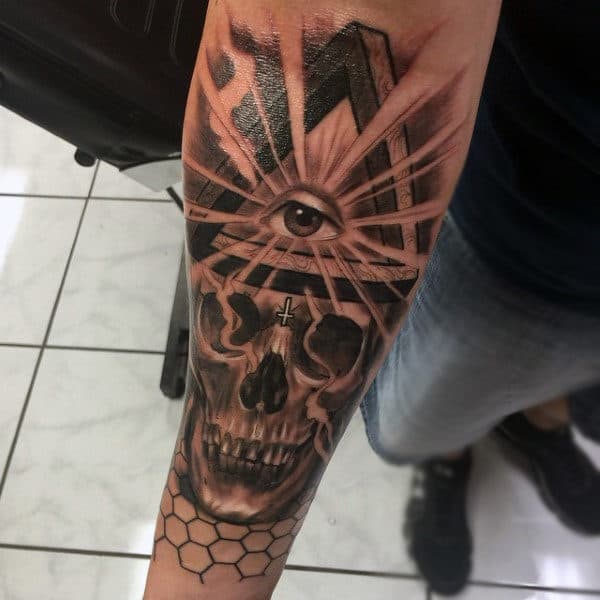 Guy With Glowing Eye And Skull Hhoneycomb Tattoo On Full Sleeves