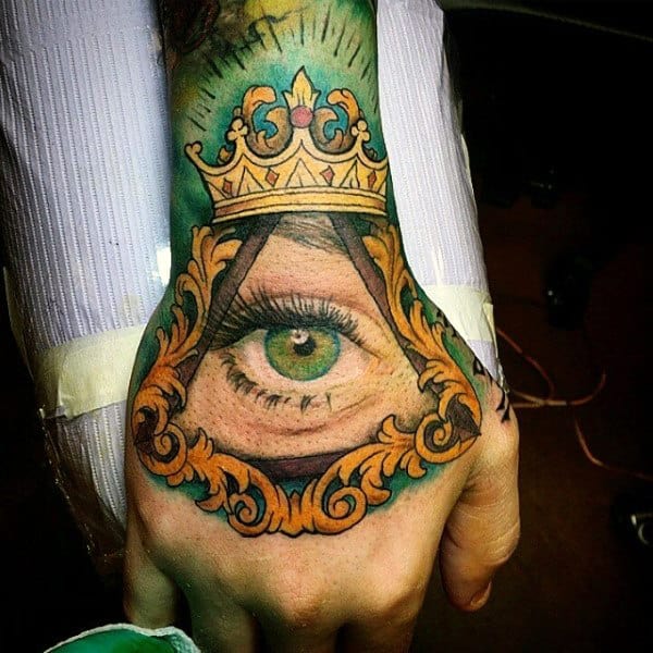 Guy With Green Eye And Yellow Tattoo On Hands