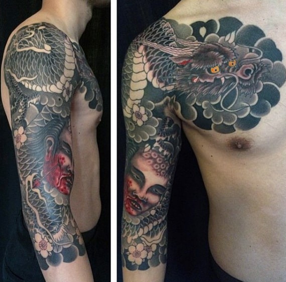 Guy With Grey Smoky Dragon Tattoo Sleeves