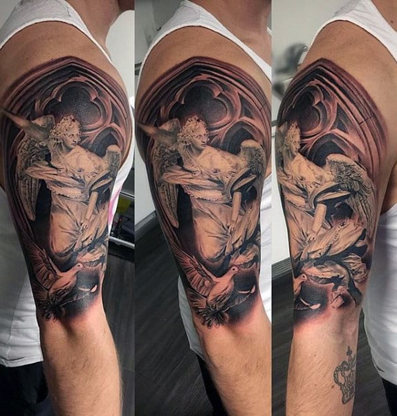 Guy With Guardian Angel And Dove Tattoo On Arms
