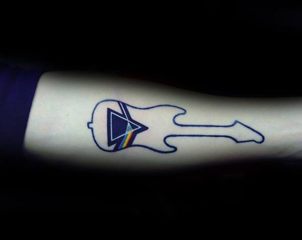 Guy With Guitar Shaped Dark Side Of The Moon Forearm Tattoo Design