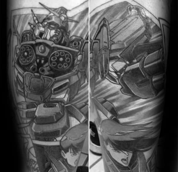 Guy With Gundam Tattoo Design Leg Sleeve Black And Grey Ink