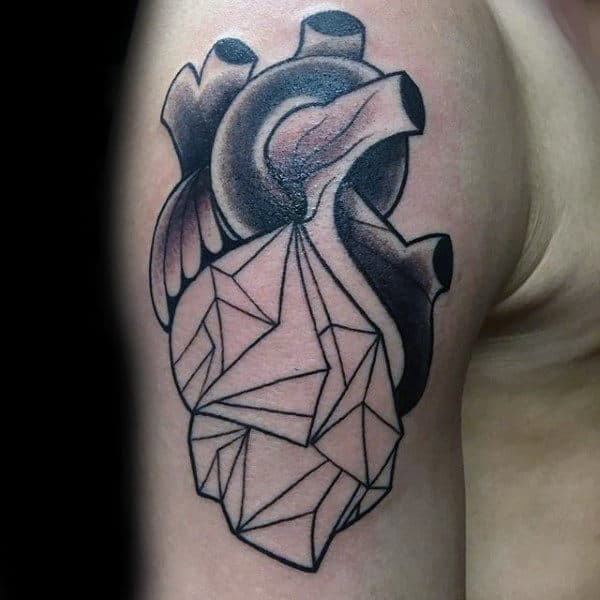 Guy With Half Geometric Heart Upper Arm Tattoo Design