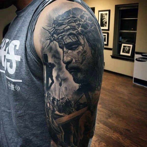 Guy With Half Sleeve 3d Jesus Tattoo Design