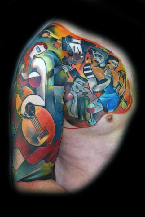 Vibrant Cubist tattoo sleeve featuring abstract musicians playing instruments, with dynamic shapes in bold reds, blues, oranges, and greens.