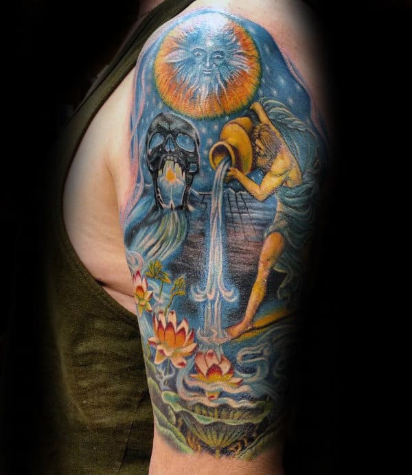 Guy With Half Sleeve Aquarius Tattoo Design