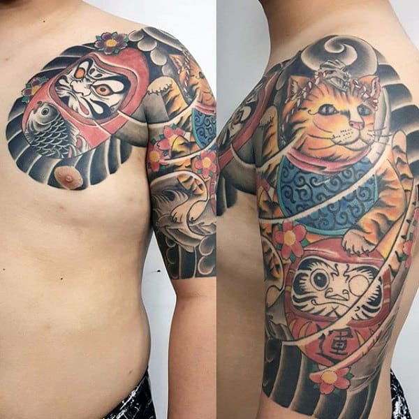 Guy With Half Sleeve Tattoo Of Japanese Daruma Doll Design