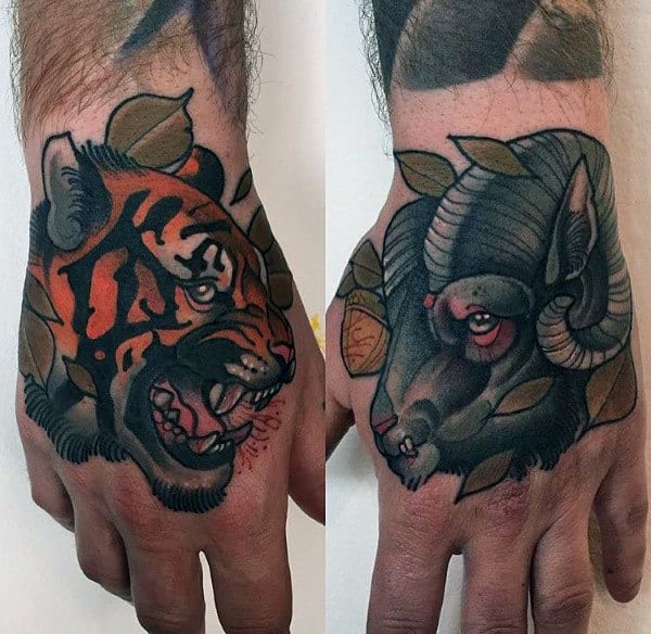 Guy With Hand Tattoos Of Ram And Tiger Neo Traditional Design